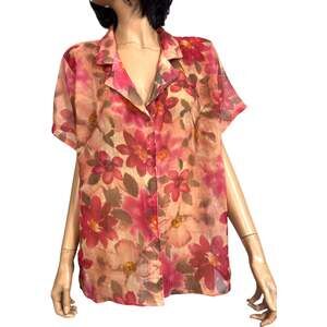 Vintage Sheer Chiffon Button Top Plus Size 20W Watercolor Floral Feminine
